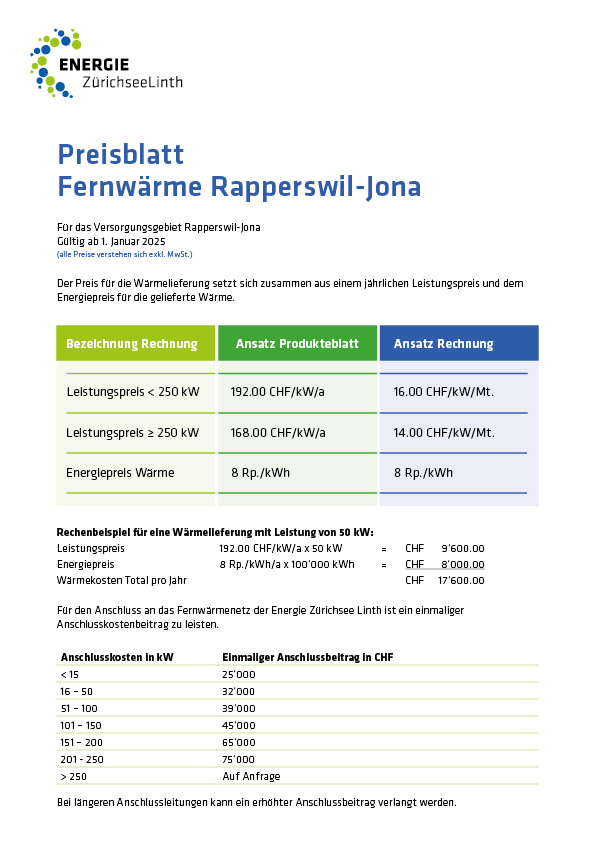 Preisblatt Fernwärme Rapperswil-Jona