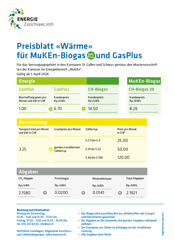 Preisblatt Waerme fuer MuKEn Biogasund ErdgasPlus