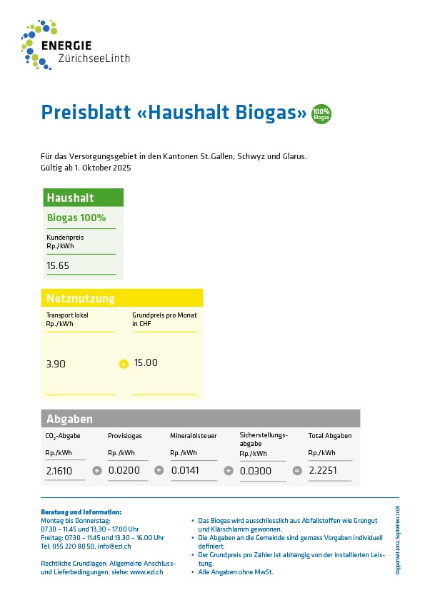 Preisliste 2025 Haushalt Biogas